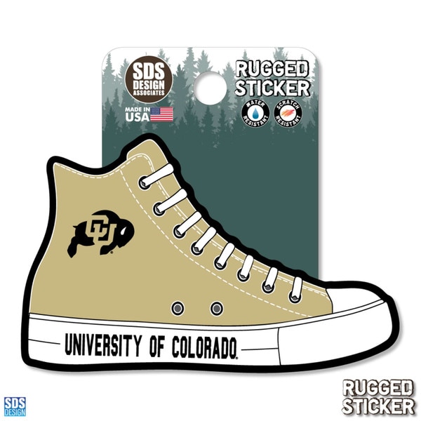 Rugged sticker in the shape of a gold high-top sneaker featuring the CU Buffaloes logo on the side and "University of Colorado" text on the white sole.